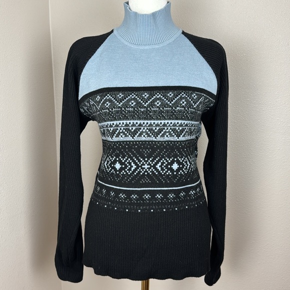 NILS Skiwear Baby Blue and Black Wool-Blend Geometric Turtleneck Sweater sz L - Picture 2 of 12